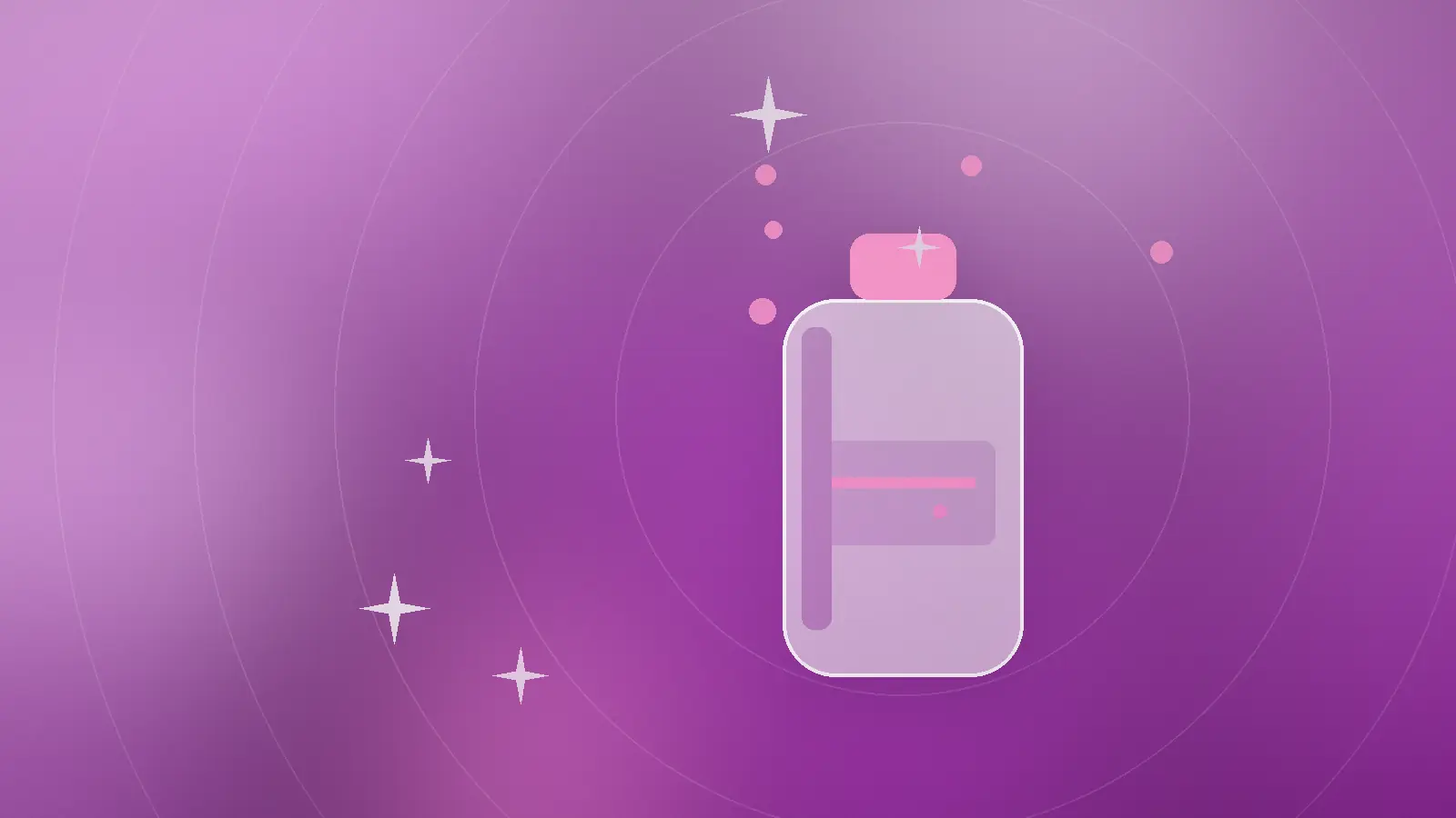 Abstrakt rosa-lilla illustrasjon med en flaske som symboliserer Nu Skin Norge, merkeguide og produktene til hudpleie og tannkrem